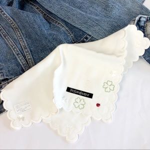 YSL Saint Laurent White Cotton Silk Clover Scarf